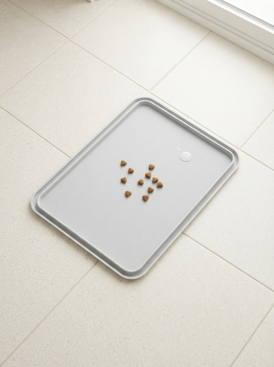Silicone pet feeding mat catching spilled water and kibble