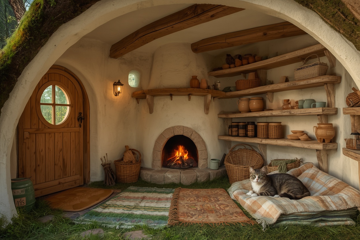 Storybook cottage interior with round door, curved wooden shelves and a cat resting by the hearth
