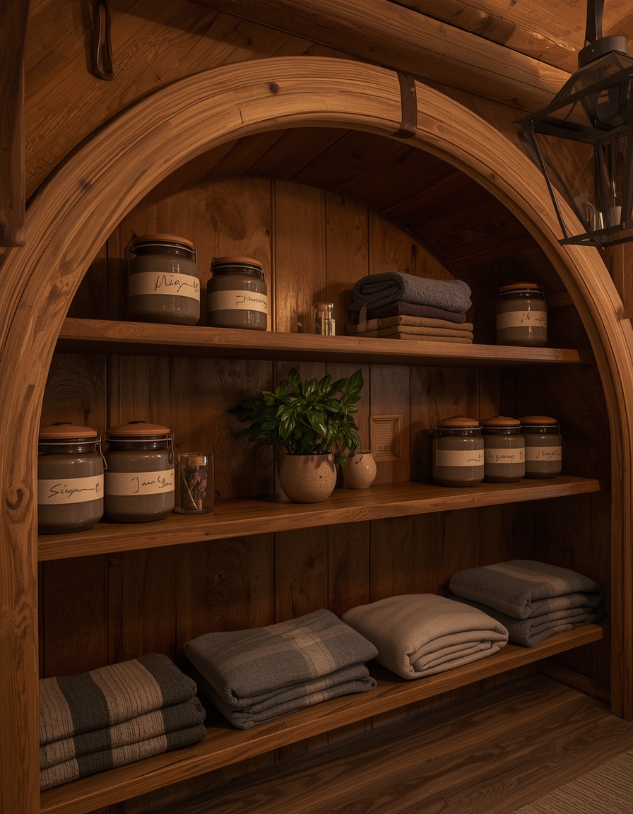 Curved wooden shelves with labeled clay jars and folded wool blankets